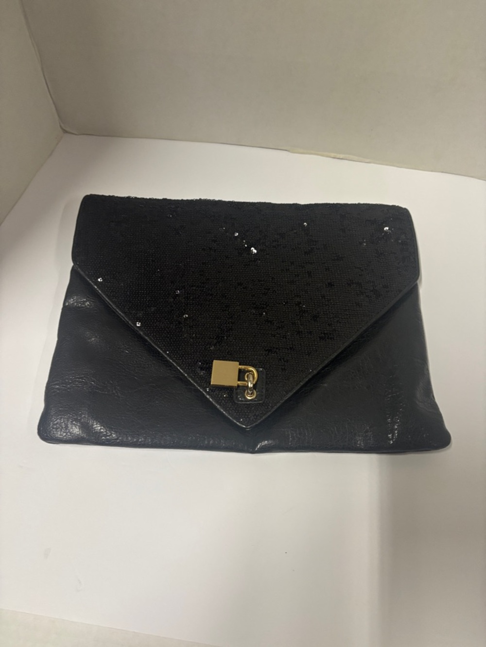 Alexis Hudson Black Sequin Envelope Clutch with Gold Turn-Lock